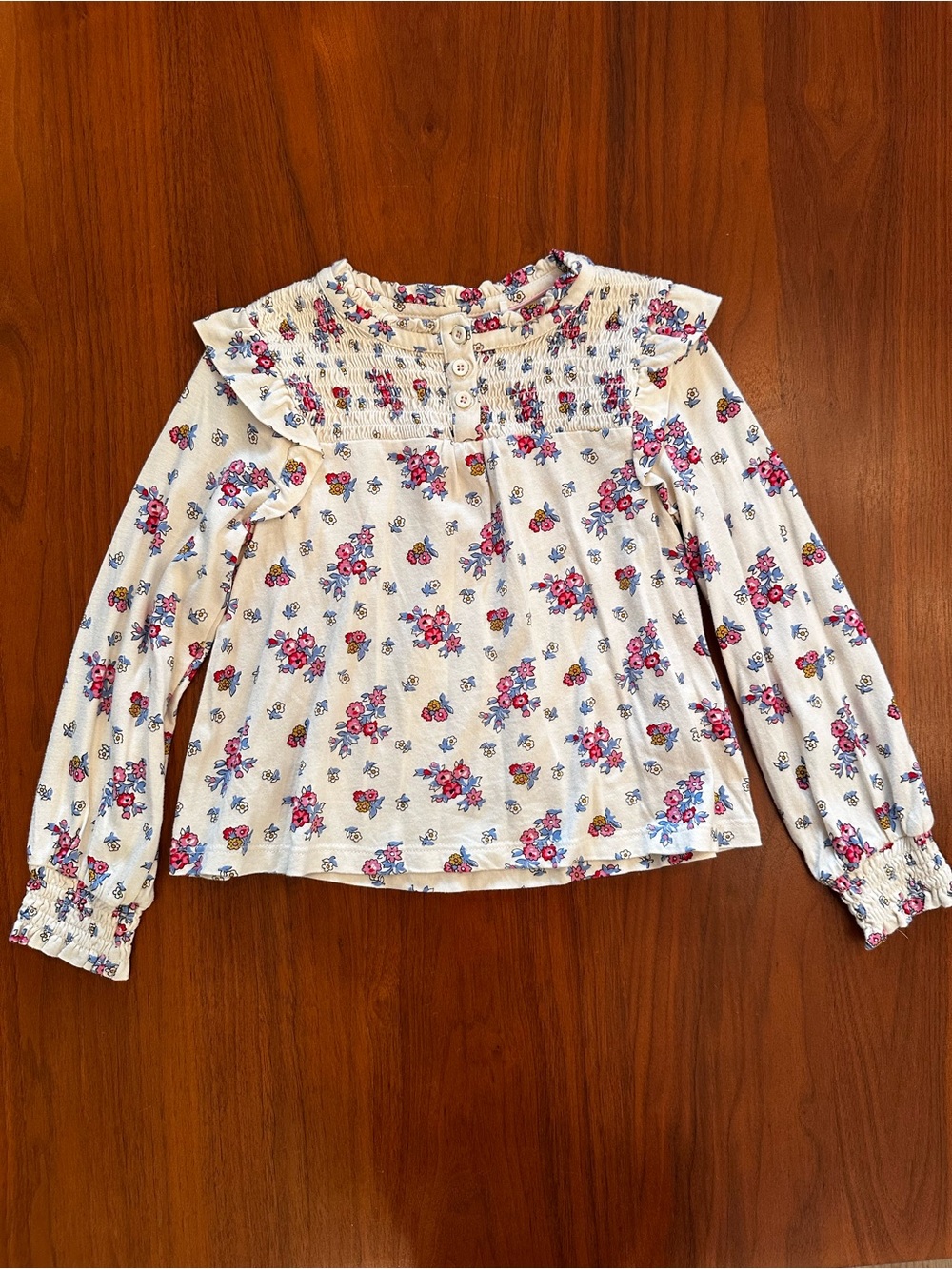 Mini Boden Girls Cream Floral Long-Sleeve Smocked Top size 4-5